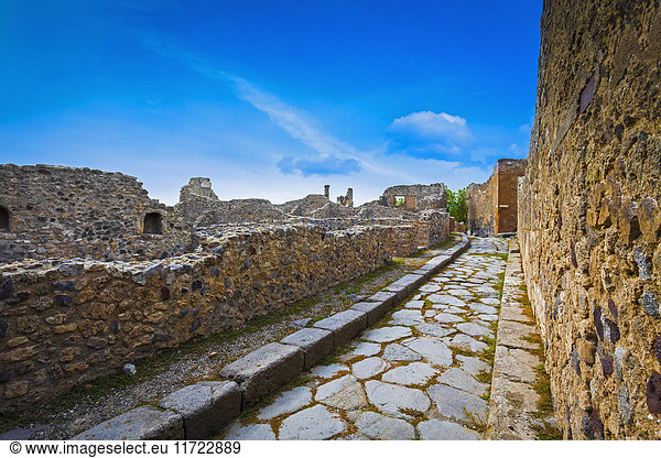 Ein Steinweg  der neben den Ruinen der Stadtmauern verläuft; Pompei  Kampanien  Italien'.