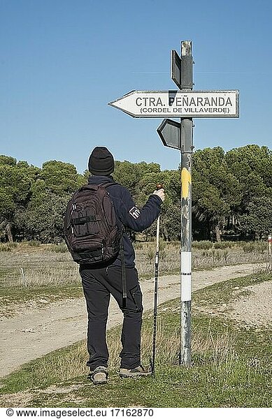 Ein Wanderer steht mit dem Rücken zu einem Wegweiser  der mit einem gelben Pfeil anzeigt  wo der Camino a Santiago del Sureste und der Camino a Santiago de Levante durch die Provinz Valladolid verlaufen. Kastilien und León. Spanien.