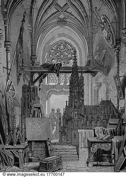 Eine Bauhütte  Konstruktion für den Bau einer gotischen Kathedrale  eine Gilde  Historisch  digital restaurierte Reproduktion von einer Vorlage aus dem 19. Jahrhundert