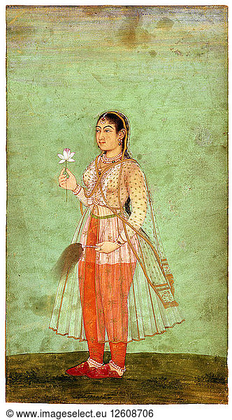 Eine Dame mit Blume und Fliegenwedel  um 1630. Künstler: Indische Kunst
