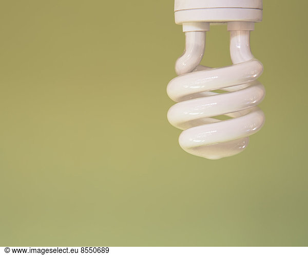 Eine energieeffiziente Kompaktleuchtstofflampe  eine CFL  mit einem gewellten Element. Ein hellgrüner Hintergrund.