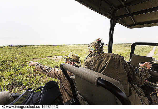 Eine erwachsene Frau und ein Safari-Guide lehnen sich hinaus und blicken über eine Ebene auf Tiere in der Ferne.