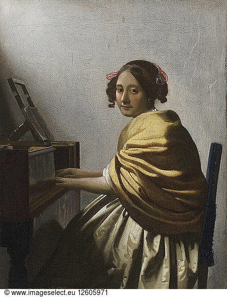Eine junge Frau an einem Virginal sitzend  um 1670. Künstler: Vermeer  Jan (Johannes) (1632-1675)