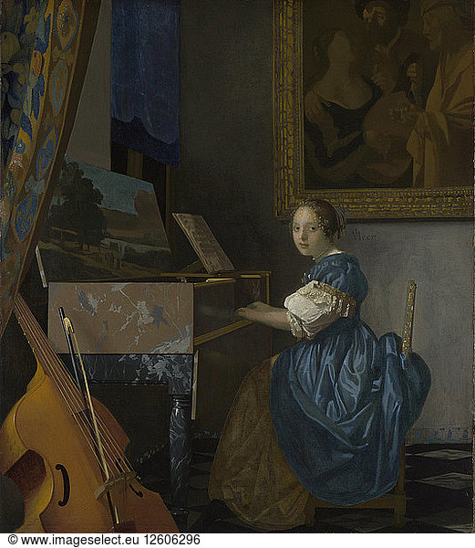 Eine junge Frau an einem Virginal sitzend  um 1670. Künstler: Vermeer  Jan (Johannes) (1632-1675)