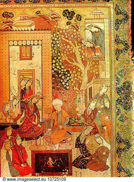 Eine Miniatur von Mou´in  die vielleicht ein Hochzeitsmahl mit Musikern und Dienern darstellt   islamisch. Persien.