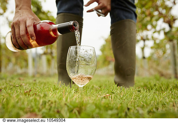Eine Person  die Rosenwein aus einer Flasche in ein Glas gießt.