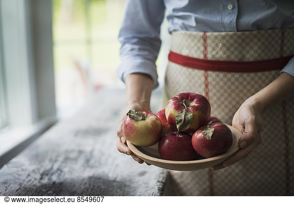 Eine Person hält eine Schüssel mit roten Äpfeln mit biologischer Schale.