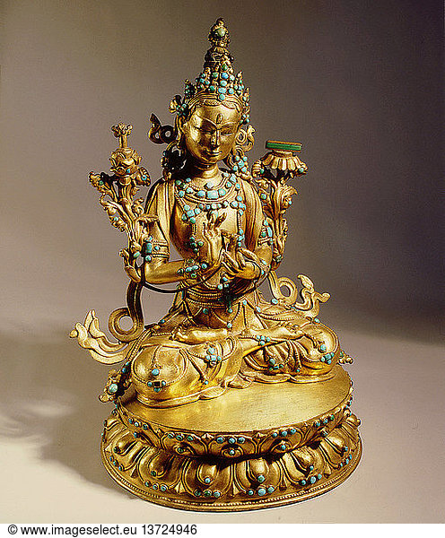 Eine Statue von Manjusri  Bodhisattva der Weisheit  mit dem Schwert  das die Unwissenheit zerstört  auf dem Lotus an seiner rechten Schulter  und dem Buch der Weisheit an seiner linken. Er zeigt die Geste des Rades der Lehre  die Lehr-Mudra. Tibet. Buddhistisch.