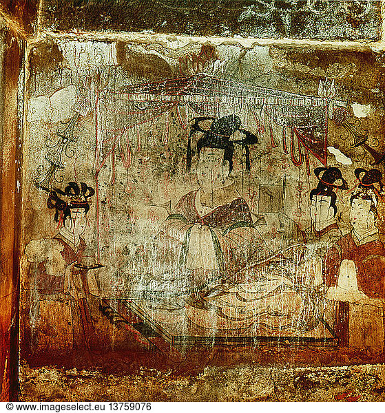 Eine Wandmalerei aus dem Grab von Dong Shou  Anak  (Grab 3). Eine Adlige mit ihren Dienstmädchen. Korea. Koreanisch. 4. Jahrhundert  3-Königreiche-Periode. Koguryo.