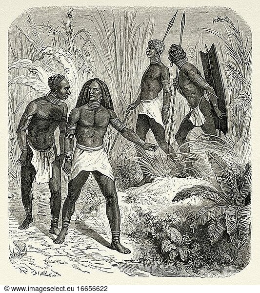 Eingeborene Afrikaner in der Nähe von Kidi  Südsudan  Afrika. Alter Stich aus dem XIX. Jahrhundert aus Le Tour du Monde 1864.