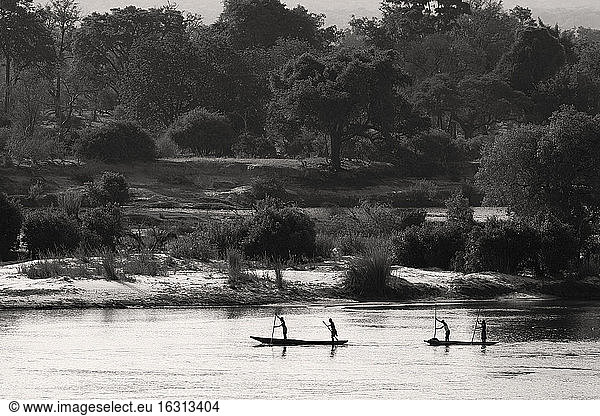Einheimische  die in traditionellen Mokoro-Kanus den Sambesi-Fluss hinunterfahren  Sambia.