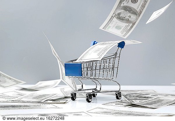Einkaufswagen und eine Anzahl von U.S. $one hundred Scheinen