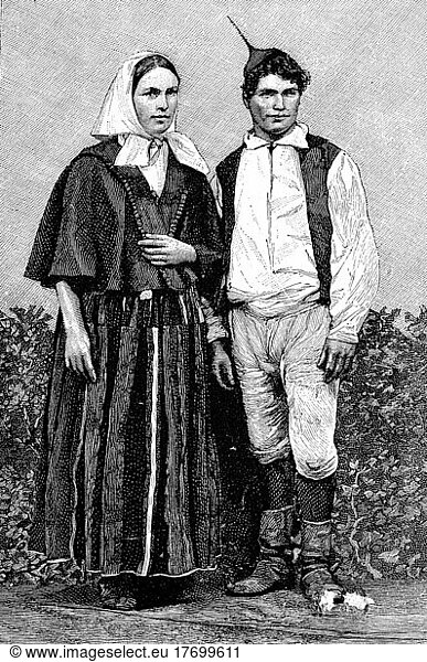 Einwohner in typischer Kleidung von der Insel Madeira im Jahre 1880  Portugal  Historisch  digital restaurierte Reproduktion einer Vorlage aus dem 19. Jahrhundert  Europa