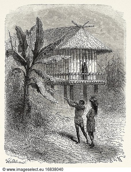 Einwohner von Rio Verde  Kolumbien. Alte gestochene Illustration aus dem 19. Jahrhundert. Reise nach Neu-Granada von Charles Saffray aus El Mundo en La Mano 1879.