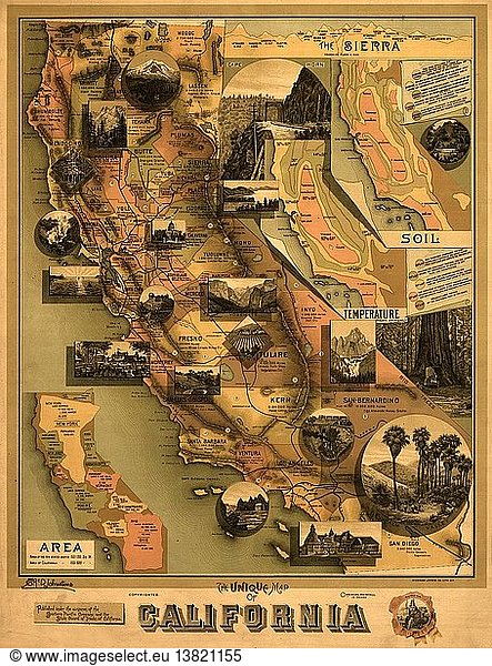 Einzigartige Karte von Kalifornien mit Sehenswürdigkeiten  Temperatur und Bodenbeschaffenheit 1888