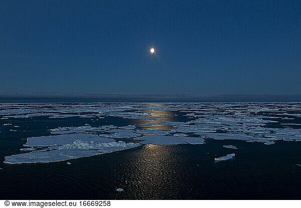 Eisberge im Meer  Mond  mystische Stimmung  Ostküste Grönlands  Dänemark  Europa