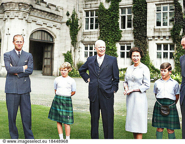 Eisenhower  Dwight David. 34th President of the USA (1953–61).1890–1969.President Eisenhower visits Great Britain  29 August 1959: meeting members of the Royal Family in Balmoral Castle: (from left) Prince Philip  Princess Anne  Eisenhower  Queen Elizabeth and Prince Charles.Photo (digitally coloured).