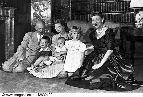 EISENHOWER FAMILY. Dwight and Mamie Eisenhower with their daughter-in-law  Barbara Jean Thompson and grandchildren  Susan  Mary and Dwight. Photograph  c1955.