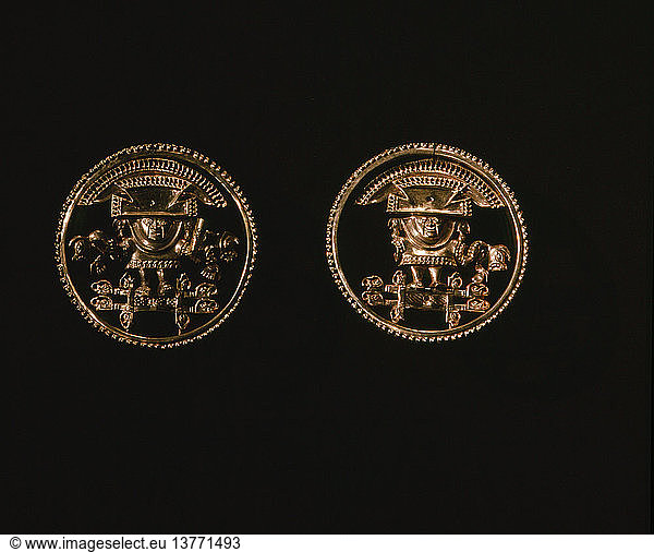 Elaborately cast gold discs  possibly earrings  The central figure wears the typically Chimu axe shaped headdress. Supernatural animals attend the two central figures who also wear animal shaped earrings. Peru. Chimu. 1100 1476 AD. North coast of Peru.