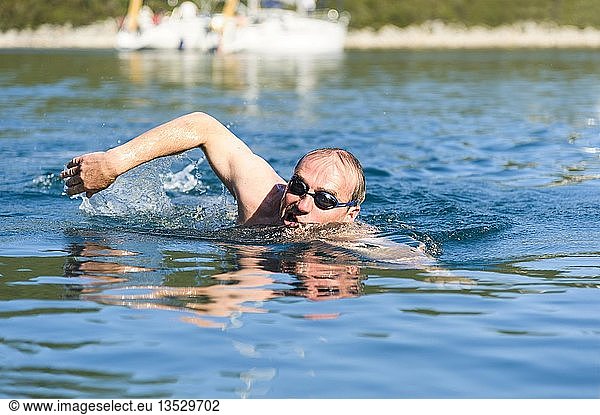 Elderly man swimming off the Croatian coast  Vela Garska  Croatia  Europe