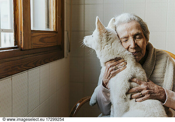 Elderly woman tenderly hugs her white Siberian husky puppy dog