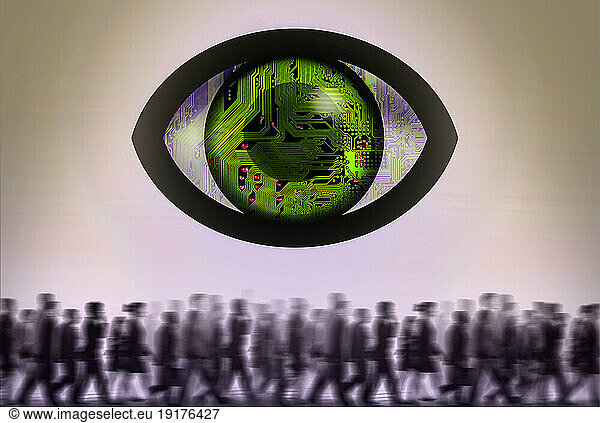 Electronic eye surveilling crowd of people