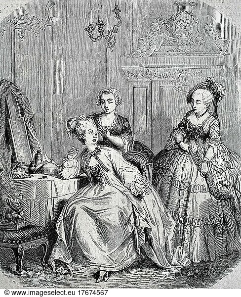 Elegante Frauen beim Frisieren  zur Zeit von Ludwig XV. 1750  Frankreich  digital restaurierte Reproduktion einer Vorlage aus dem 19. Jahrhundert  genaues Datum unbekannt  Europa