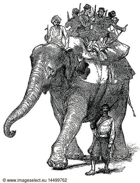 Elephant Transporting Soldiers during War  Afghanistan  Classical Portfolio of Primitive Carriers  By Marshall M. Kirman  World Railway Publ. Co.  Illustration  1895