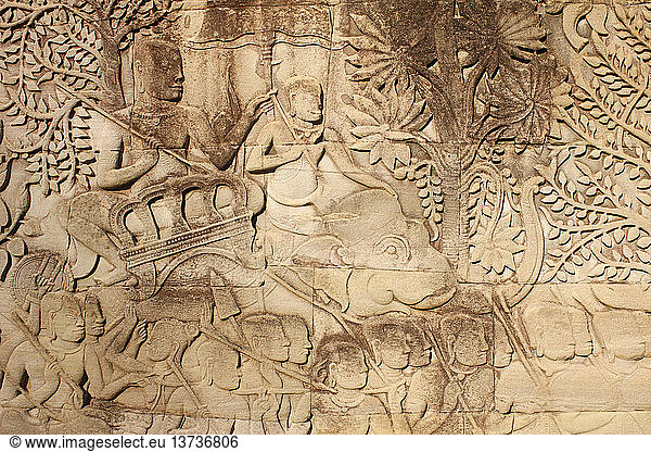 Elephants and warriors. Relief Sculpture on the East Outer Gallery at Bayon.