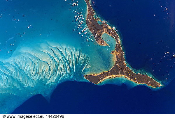 Eleuthera Island  Bahamas  2002. Underwater formations to west of the island are made of calcium carbonate sand eroded from coral reefs and deposited in dunes by ocean currents. Credit NASA. Science Earth Geology