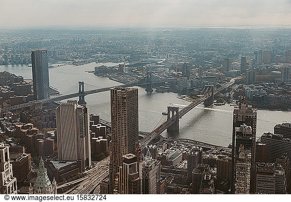 Elevated view of bridges and buildings in New York City  USA.