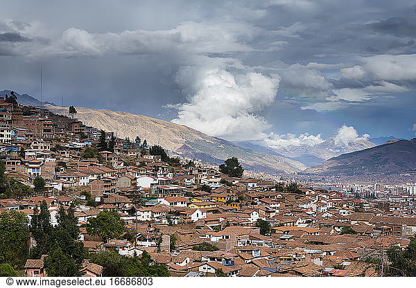 Elevated view of Cusco city with mountains in background  Peru