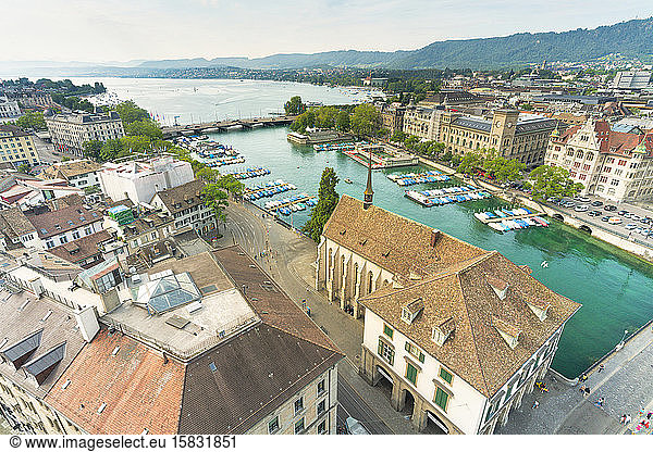 Elevated view of Limmat River  harbor and Lake of Zurich  Switzerland