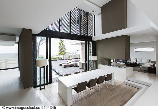 Elevated view of spacious dining room with patio