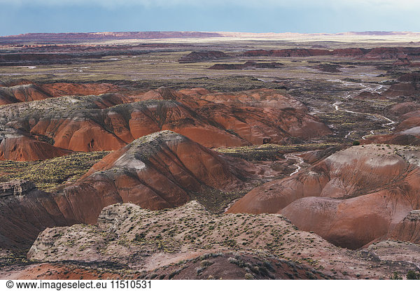 Elevated view of the Painted Desert rock formations in the Petrified Forest National Park