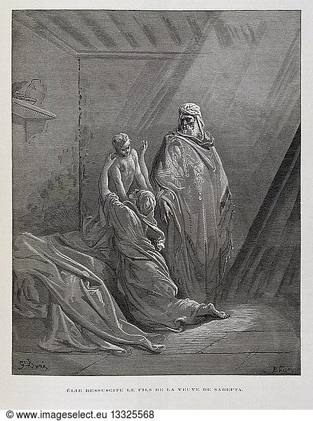 Elijah Raises the Son of the widow of Zarephath  Illustration from the Dore Bible 1866.