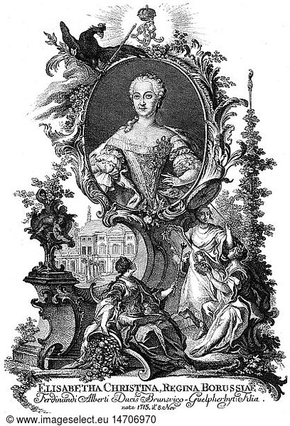 Elisabeth Christine  8.11.1715 - 13.1.1797  Queen of Prussia  half length  allegorical border  after a painting by Antoine Pesne  circa 1750