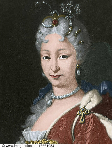 Elisabeth Farnese (1692-1766). Queen consort of Spain  wife of Philip V. Portrait. Engraving. Colored.