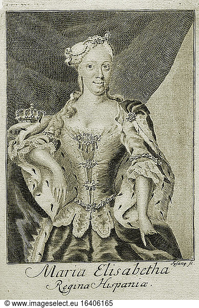 Elisabetta Farnese (Isabel de Farnesio) Queen (Philip V) of Spain.Parma 25.10.1692 – Aranjuez 11.7.1766.“Maria Elisabetha (…).Copper engraving by Johann Christoph Sysang (1703–1757) after contemporary portrait.Berlin  Sammlung Archiv für Kunst und Geschichte.