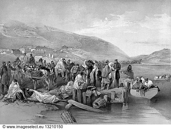 Embarkation of the sick at Balaklava published 1855. An illustration depicting some of the casualties which occurred during the Crimean War  a war in which the Kingdom of Sardinia  and the French  British  Russian  and Ottoman Empires battled for influence over territories in the area.