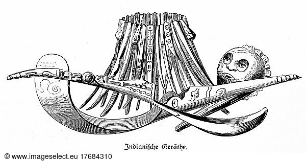 Emblem  Indian  musical instrument  jewellery  face  historical illustration 1881  Central America
