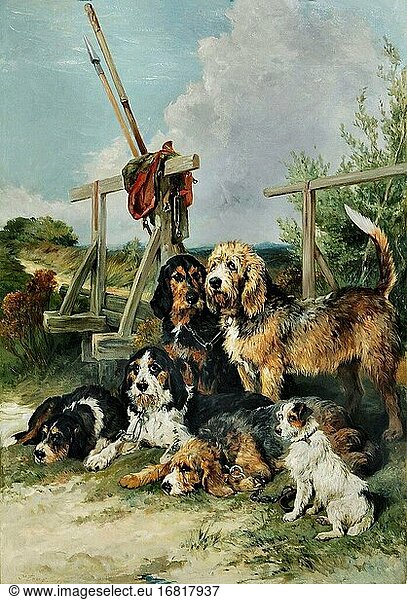 Emms John - Otterhunde und ein Terrier an einer Brücke - Müde - Britische Schule - 19. Jahrhundert.