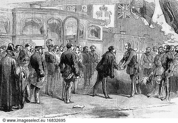 Empfang des Königs von Sardinien durch Fürst Albert im Südost-Bahnhof. 1855. Antike Illustration. 1867.