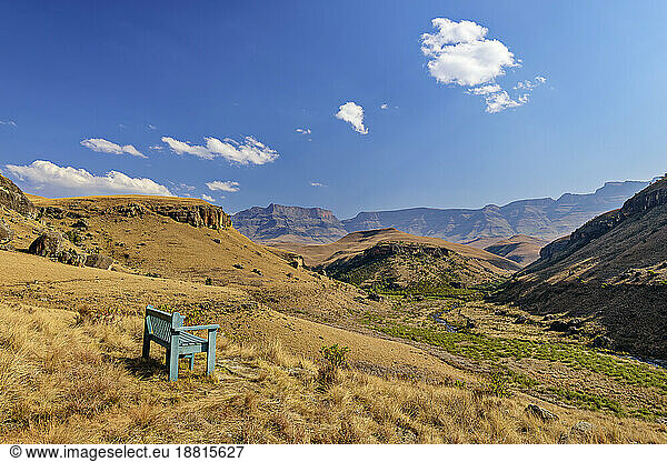 Empty bench overlooking Giant's Castle  KwaZulu-Natal  Drakensberg  South Africa