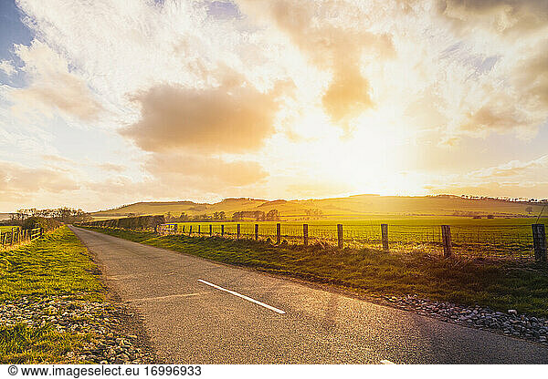 Empty country road in rural landscape at sunset