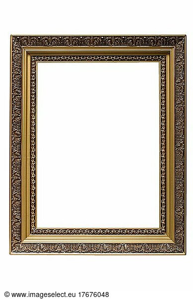Empty gold plated wooden picture frame before white backround