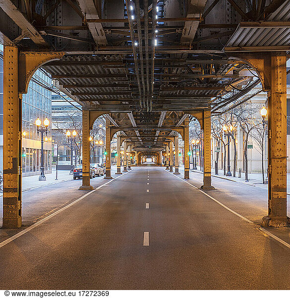 Empty North Wells Street underneath Chicago subway  Chicago  USA
