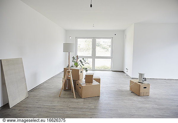 Empty room with many cardboard boxes