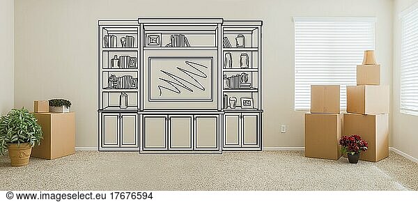 Empty room with moving boxes and entertainment unit drawing on wall