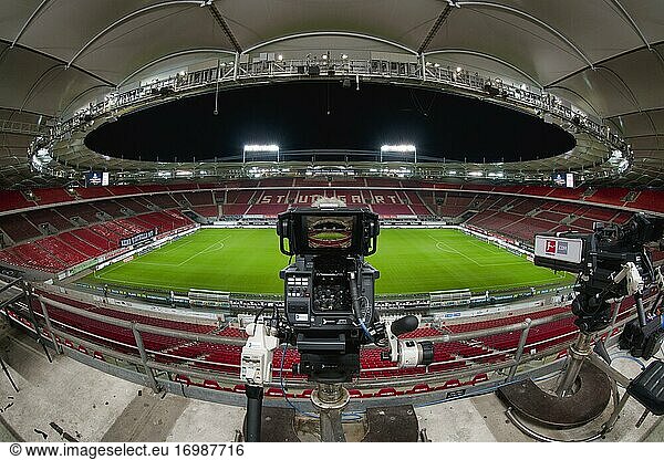 Empty stadium  overview  TV camera with monitor  Mercedes-Benz Arena  Stuttgart  Baden-Württemberg  Germany  Europe